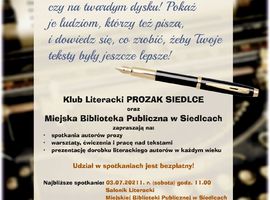 3 lipca  o godz. 11.00 w Saloniku Literackim Miejskiej Biblioteki Publicznej w Siedlcach po dłuższej przerwie wznowi swą działalność Klub Literacki "Prozak Siedlce".